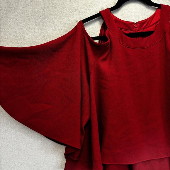 Adrianna Papell Red Flutter Party Dress Womens 16W Cold Shoulder Midi Cocktail - Picture 11 of 15